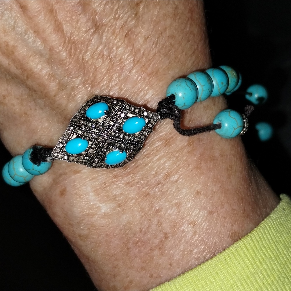 Turquoise And Chocolate Diamond Beaded Bracelet with Silver Accents